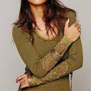 Free People Olive Synergy Cuff Thermal Top Medium GUC